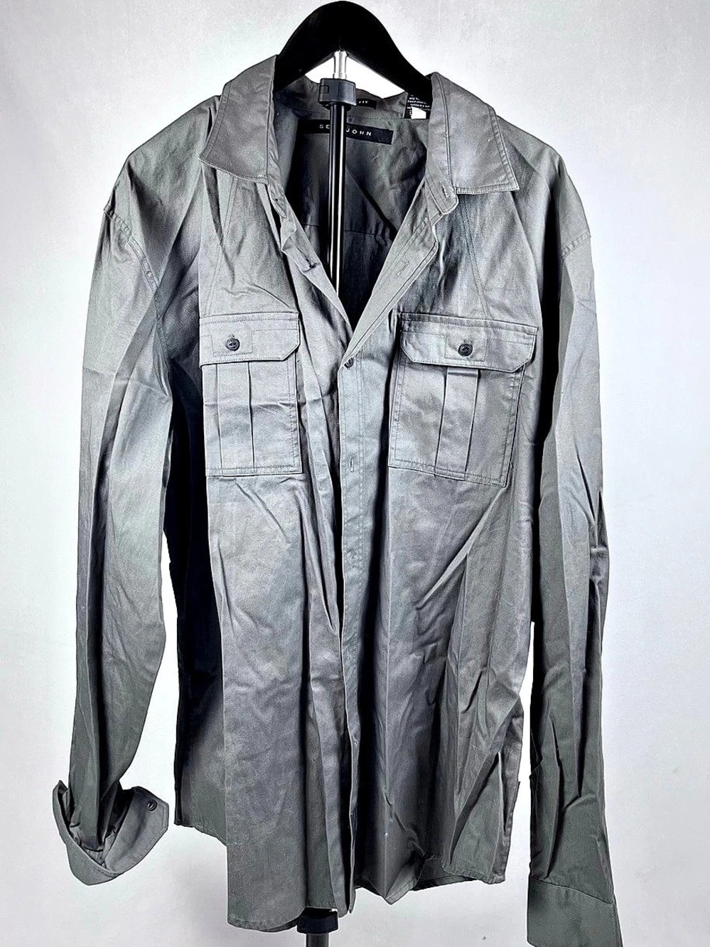 Sean John Men's Tailored Fit Cotton Utility Button Down Shirt Gray XXL